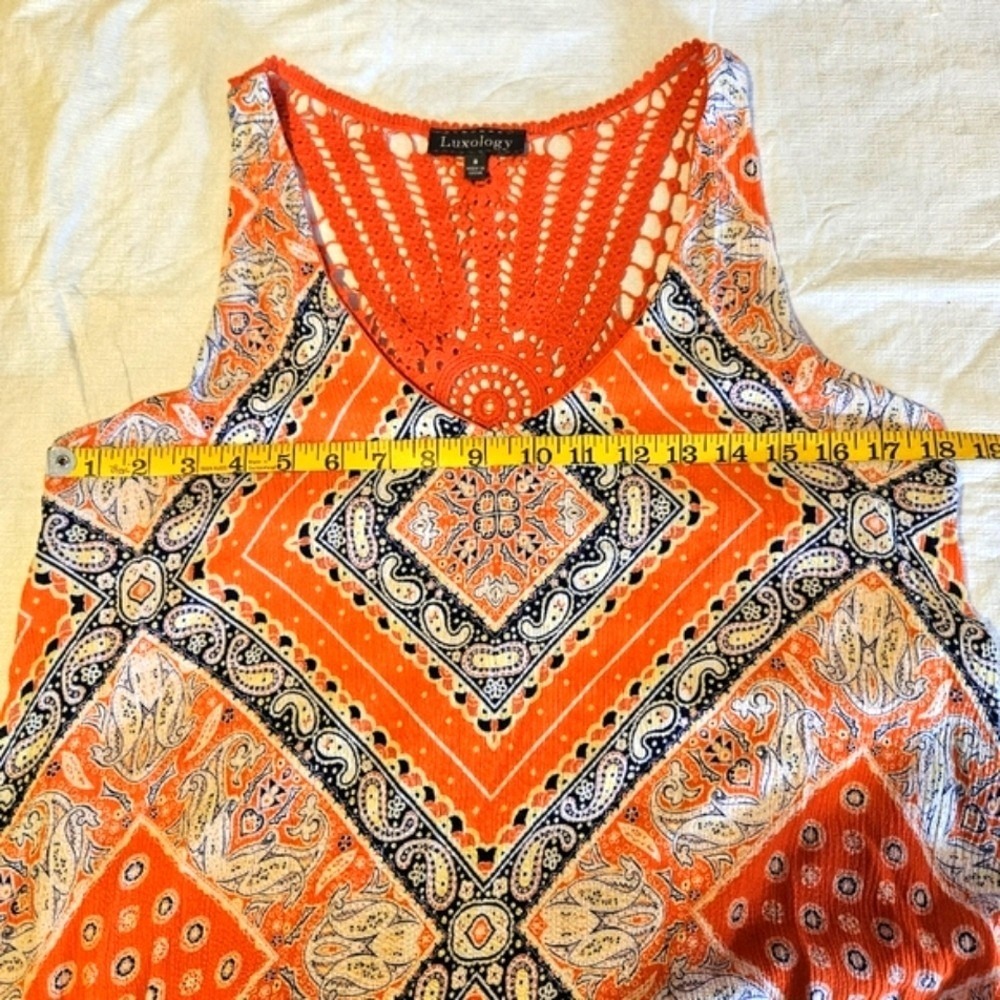 Luxology Orange Blue Paisley Crochet Back Sleeveless‎ Dress Size 8 - Picture 11 of 12